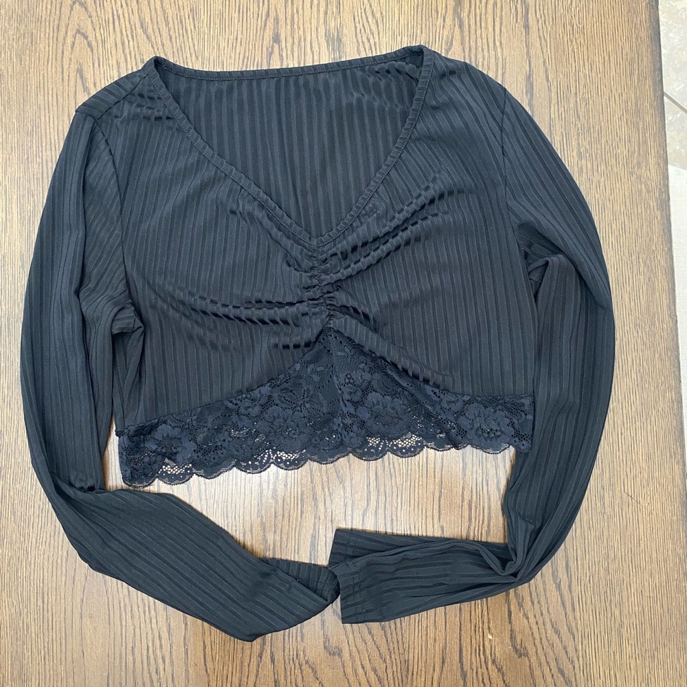 SHEIN Black Lace Detail V-Neck Blouse